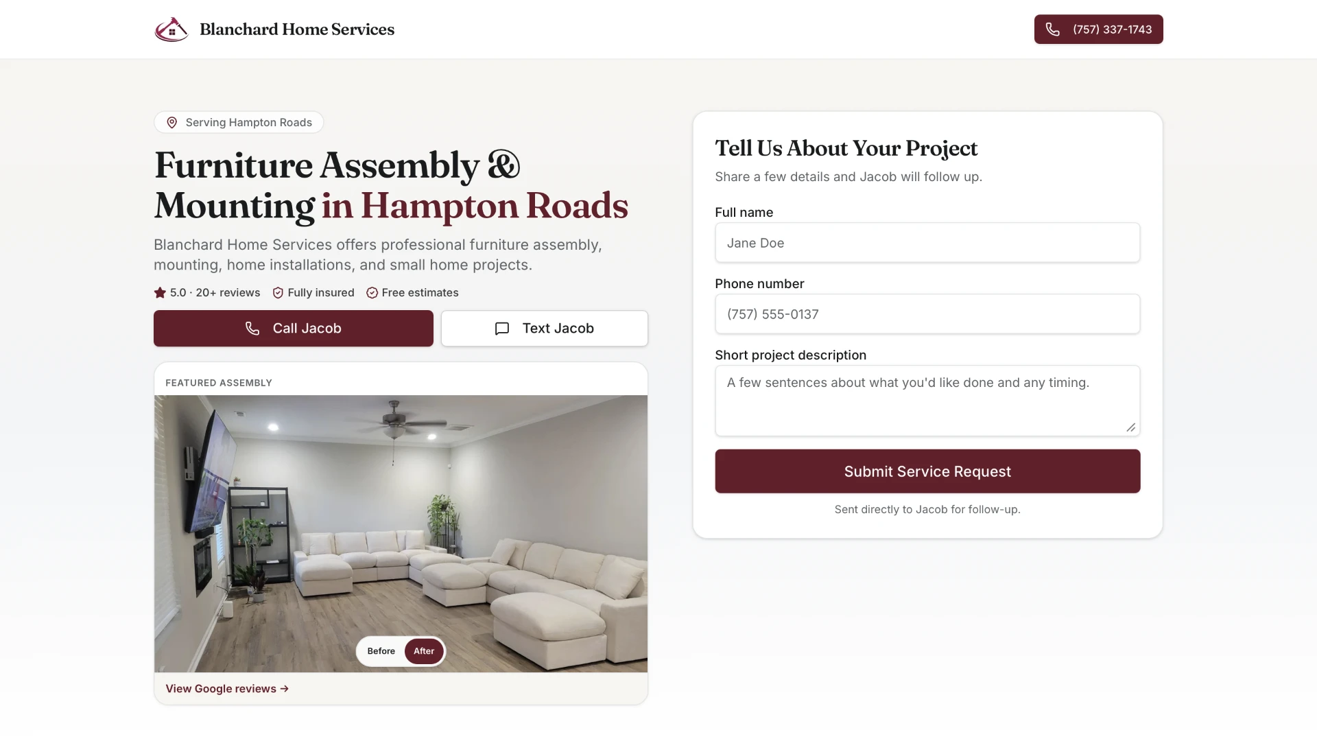 Homepage of the Blanchard Home Services website