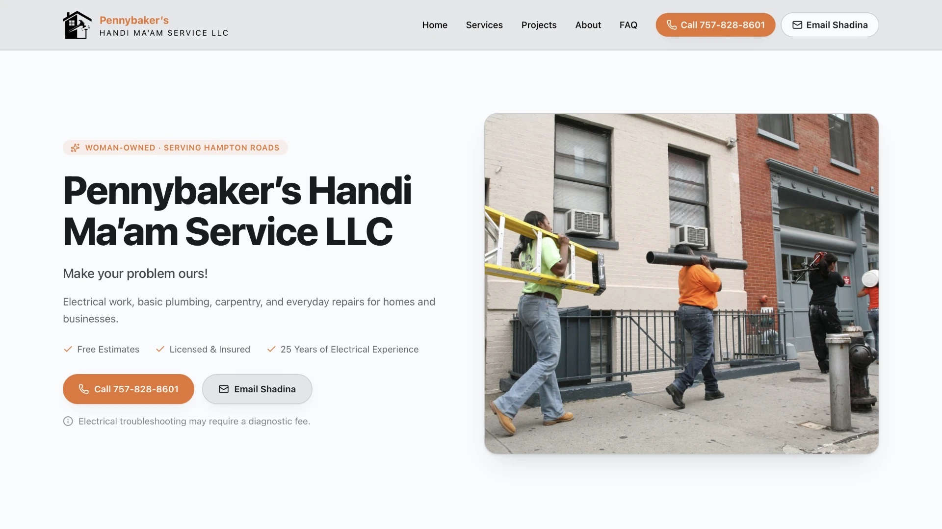Homepage of the Pennybaker's Handi Ma'am Service LLC website